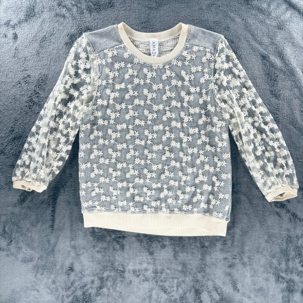 Amadi Anthropologie Sweatshirt Women Small Lace Mesh Floral Sheer Sleeves USA